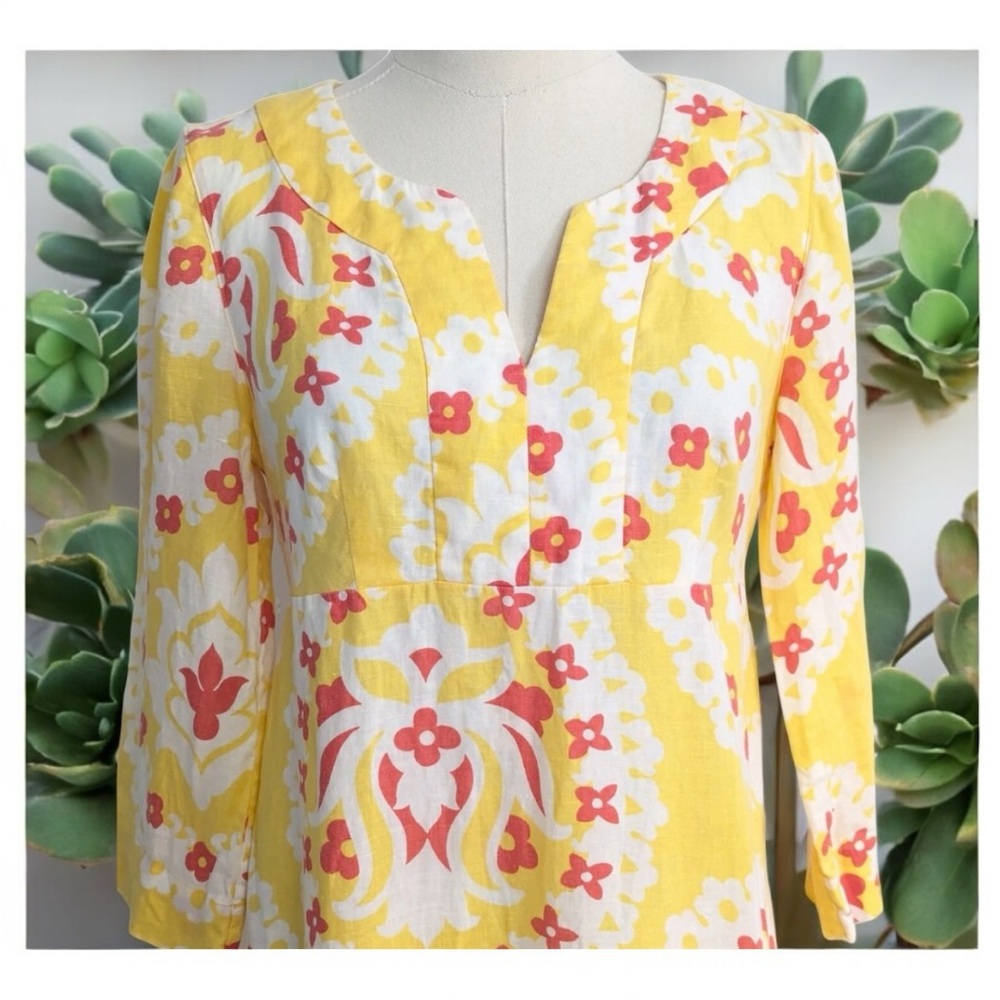 Boden Yellow Red White Floral Print Mini Shift Tunic Kaftan Dress Size 8 Linen
